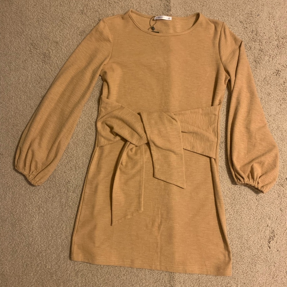 Tan, body-con dress with waist tie. Never worn